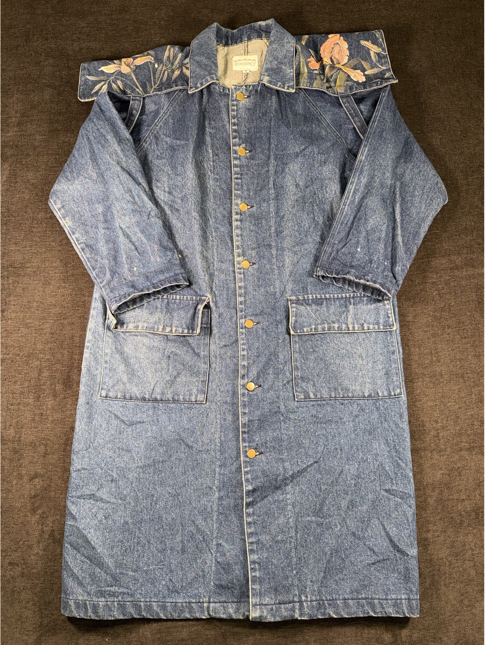 Vintage Sundance Denim Long Coat with Floral Shoulder Detail, Size M